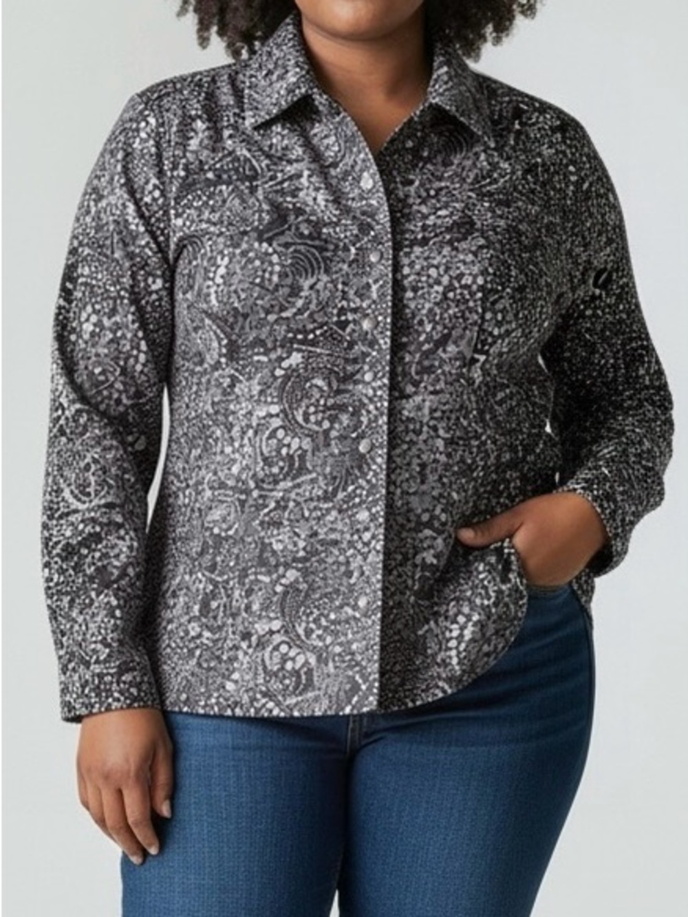 Christopher & Banks Soft Black and White Paisley Snap Up Jacket, Inside Pockets